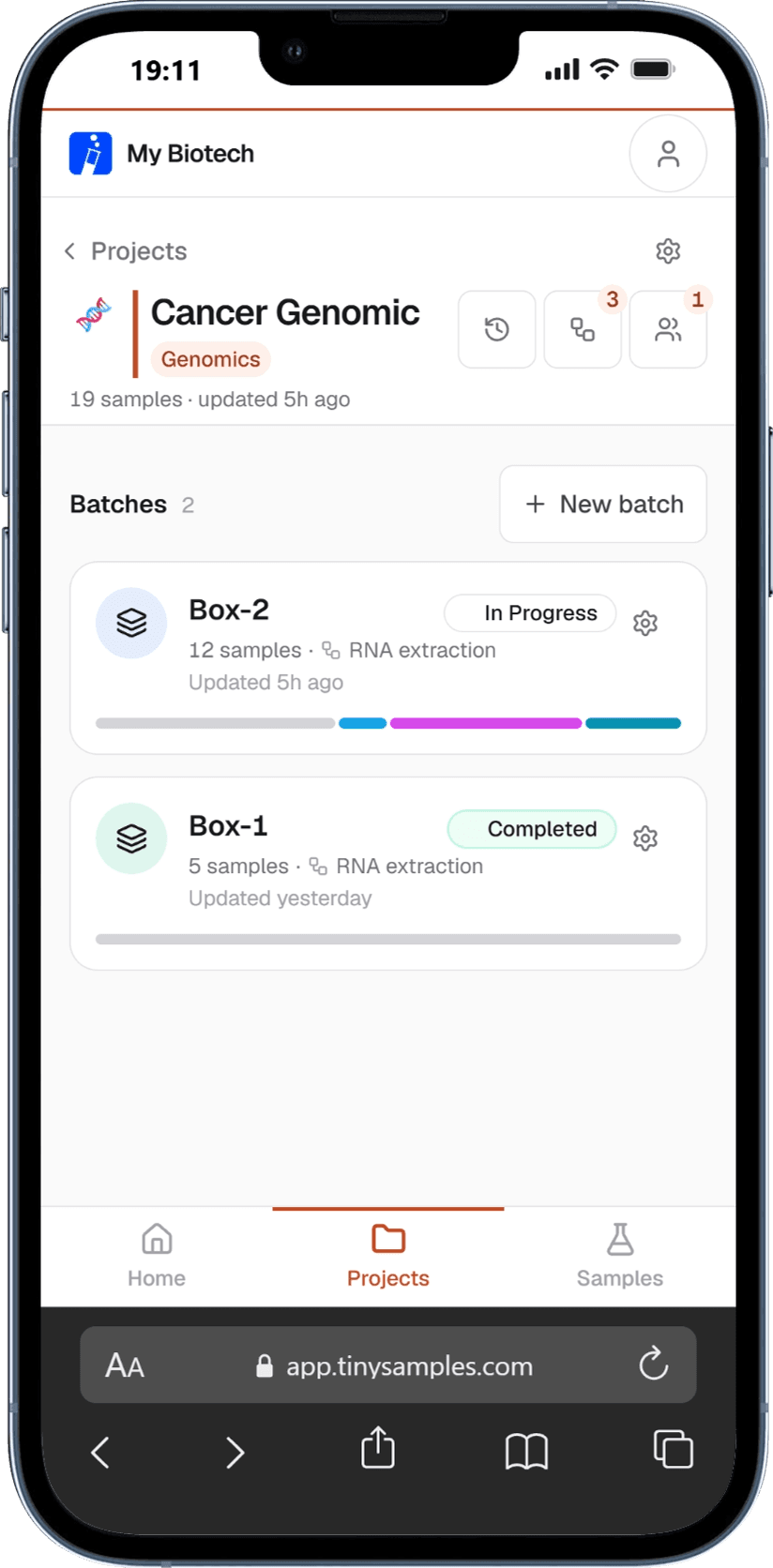 A project called Cancer Genomic with two batches: Box-2, 12 samples, in progress with a stage bar; and Box-1, 5 samples, completed.