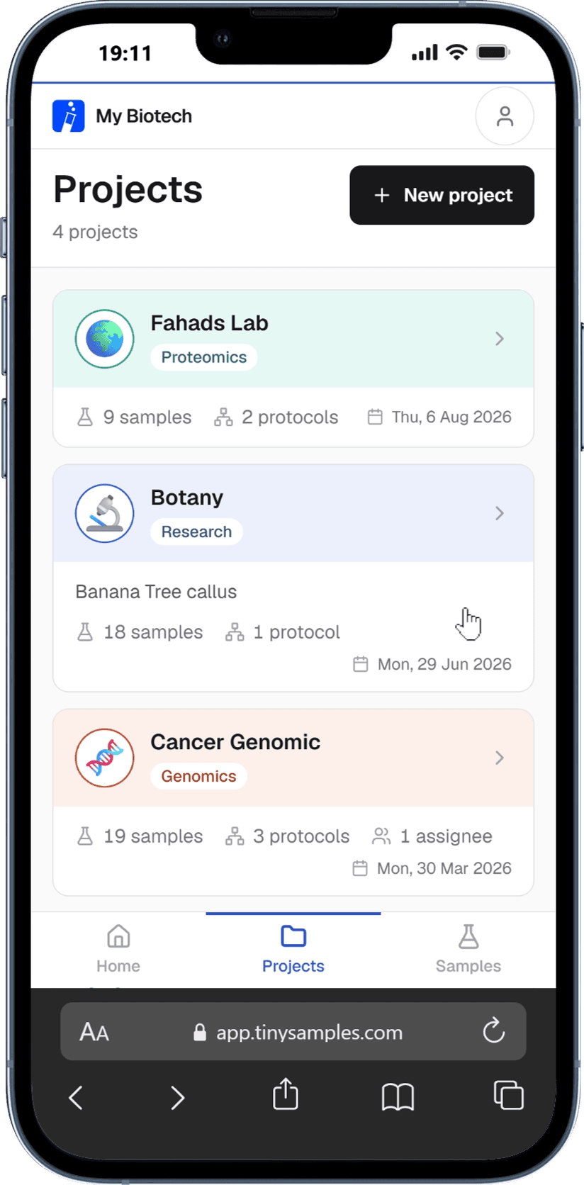 The projects screen: Fahads Lab with 9 samples and 2 protocols, Botany with 18 samples, and Cancer Genomic with 19 samples and 3 protocols.