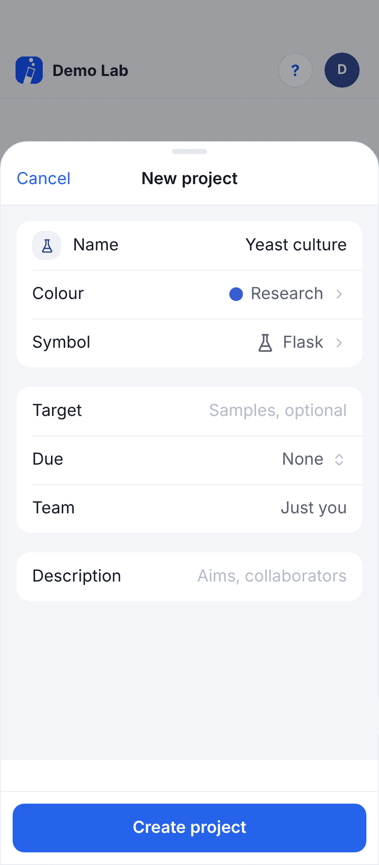 The New project form with the name Yeast culture typed in. Below it are Colour, Symbol, Target, Due, Team and Description, all optional, and a Create project button.