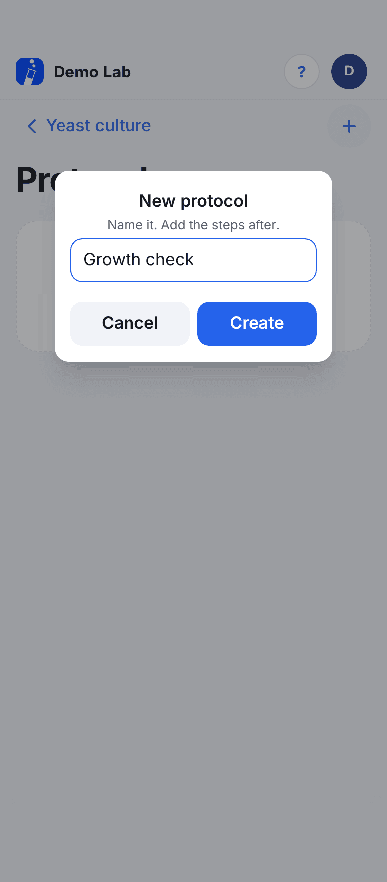 A small New protocol box over the Protocols list. Its text says Name it, add the steps after. The name Growth check is typed in, with Cancel and Create buttons.