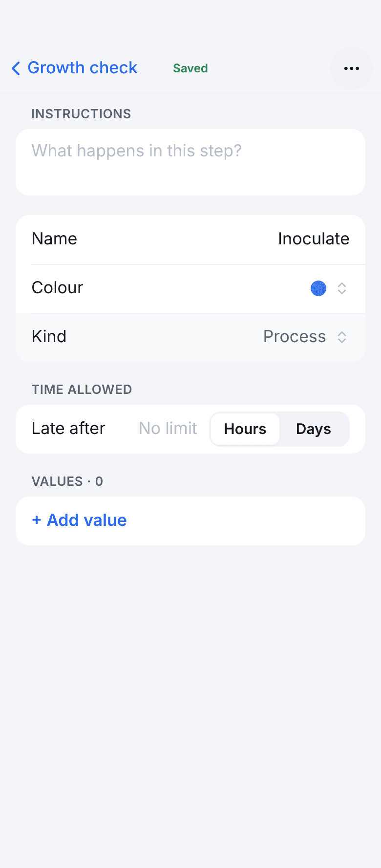 The step Inoculate of the protocol Growth check: an Instructions box, then Name, Colour and Kind set to Process, a Time allowed row with Hours and Days, and Values 0 with a + Add value button.
