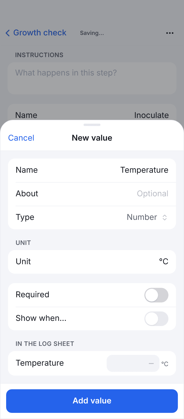 The New value sheet: Name Temperature, Type Number, Unit °C, switches for Required and Show when, a preview of the field in the log sheet and an Add value button.
