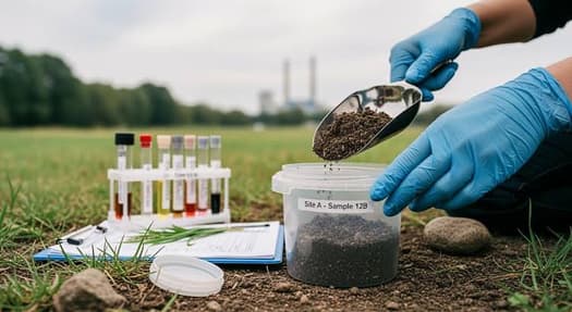 A gloved hand scooping soil into a labelled sample tub in a field, tubes beside it.