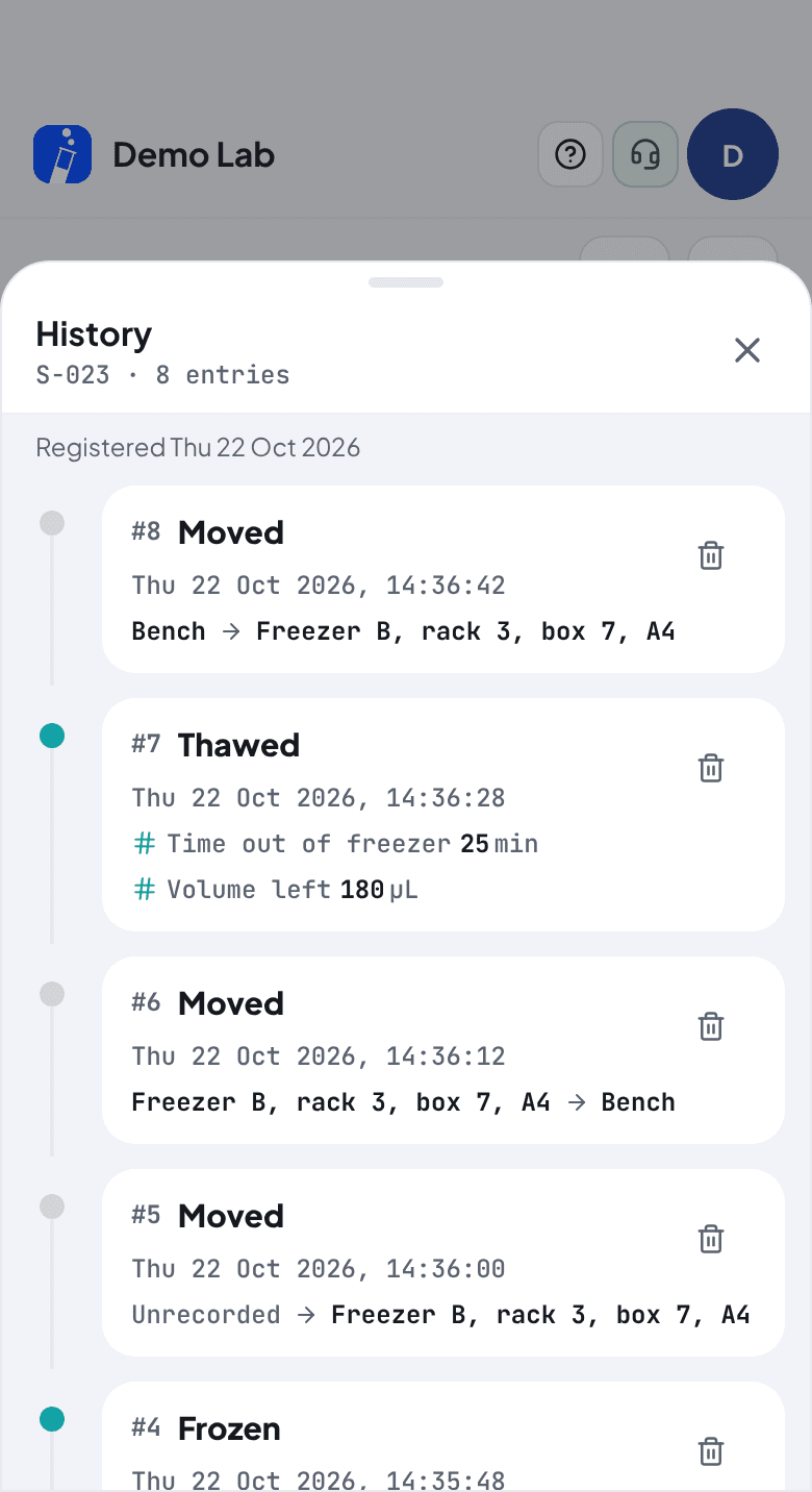 The history of sample S-023, eight entries. The latest four, newest first: Moved from Bench to Freezer B, rack 3, box 7, A4; Thawed with Time out of freezer 25 min and Volume left 180 µL; Moved from Freezer B to Bench; Moved from Unrecorded to Freezer B. Each is stamped to the second.