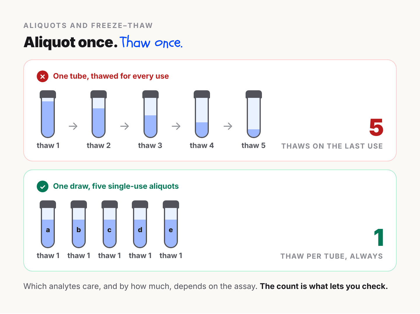 Two ways to use one blood draw. One tube thawed for every use reaches five thaws by its last use. One draw split into five single-use aliquots thaws each tube once.